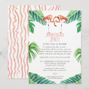 Invitation Fête d'anniversaire Flamant rose feuille rayée