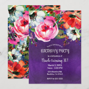 Invitation Fête d'anniversaire fleur violet aquarelle lumineu