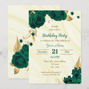 Invitation fête d'anniversaire fleurie en or vert émeraude