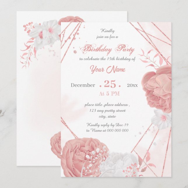 Invitation fête d'anniversaire fleurie rose et blanc (Devant / Derrière)