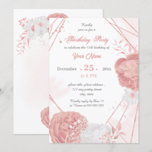 Invitation fête d'anniversaire fleurie rose et blanc