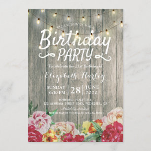 Invitation Fête d'anniversaire Fleurs de bois rustiques et lu