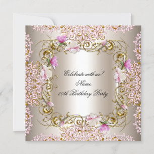 Invitation Fête d'anniversaire Fleurs en Damassé Or Crème Ros
