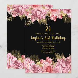 Invitation Fête d'anniversaire Fleurs Roses et Or Élégantes