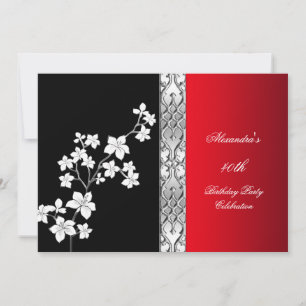 Invitation Fête d'anniversaire Fleurs rouges asiatiques Noir