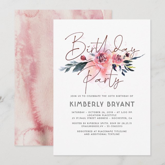 Invitation Fête d'anniversaire Floral Blush et Bourgogne (Devant / Derrière)