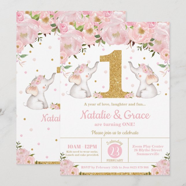 Invitation Fête d'anniversaire Floral Elephant Twin Girls (Devant / Derrière)