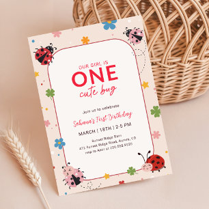 Invitation Fête d'anniversaire Floral One Cute Bug Coccinelle