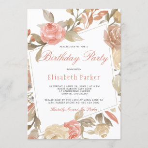 Invitation Fête d'anniversaire florale à la crème pêche rose 