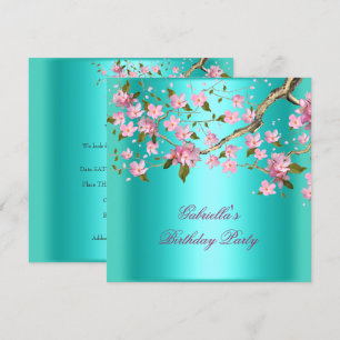 Invitation Fête d'anniversaire florale asiatique bleu sarcell