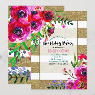Invitation Fête d'anniversaire florale audacieuse rayures or 