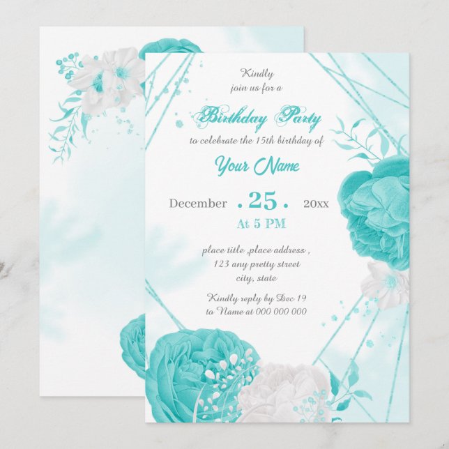 Invitation fête d'anniversaire florale blanche turquoise (Devant / Derrière)
