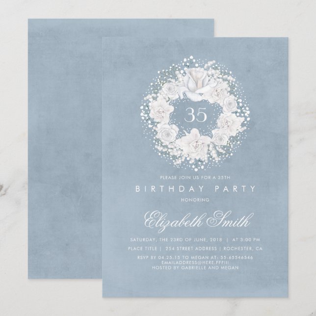 Invitation Fête d'anniversaire florale bleue poussiéreuse du (Devant / Derrière)