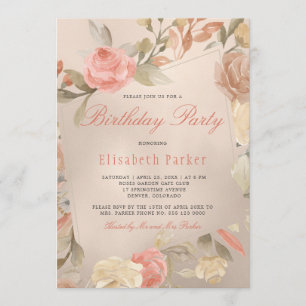 Invitation Fête d'anniversaire florale Corail pêche feuille d