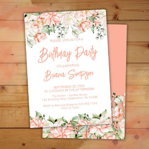 Invitation Fête d'anniversaire florale ivoire rose pêche