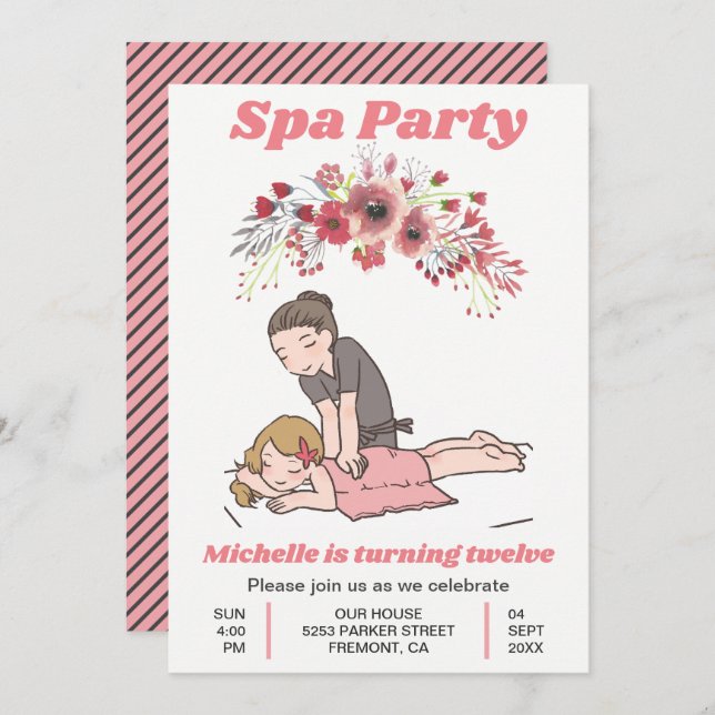 Invitation Fête d'anniversaire florale mignonne de filles de (Devant / Derrière)