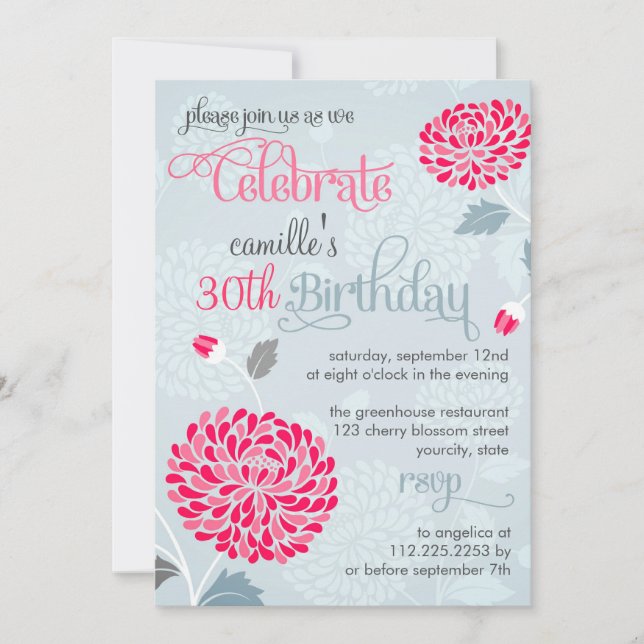 Invitation Fête d'anniversaire florale moderne rose et gris (Devant)