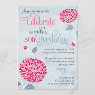 Invitation Fête d'anniversaire florale moderne rose et gris