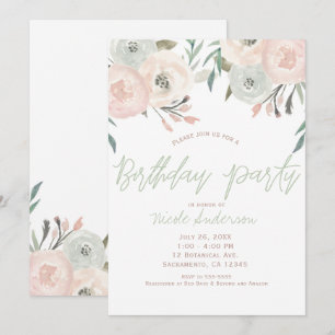 Invitation Fête d'anniversaire florale moderne vert sauge ros