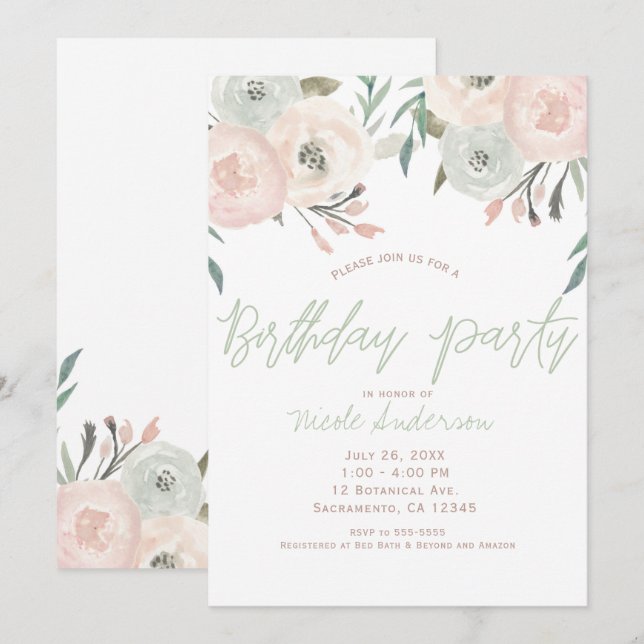 Invitation Fête d'anniversaire florale moderne vert sauge ros (Devant / Derrière)