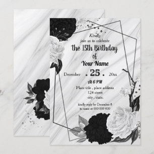 Invitation Fête d'anniversaire florale noire et blanche