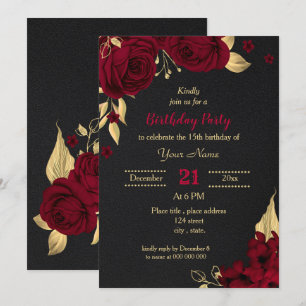 Invitation fête d'anniversaire florale noire et or burgundy