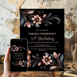 Invitation Fête d'anniversaire florale noire et rose 55 ans