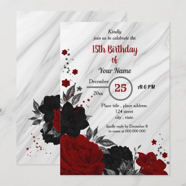 Invitation Fête d'anniversaire florale noire et rouge (Devant / Derrière)