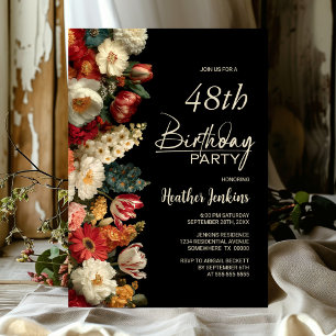Invitation Fête d'anniversaire florale noire vibrante et luna