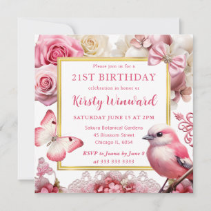 Invitation Fête d'anniversaire florale oiseau rose aquarelle
