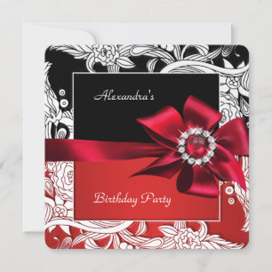Invitation Fête d'anniversaire florale rouge noir blanc