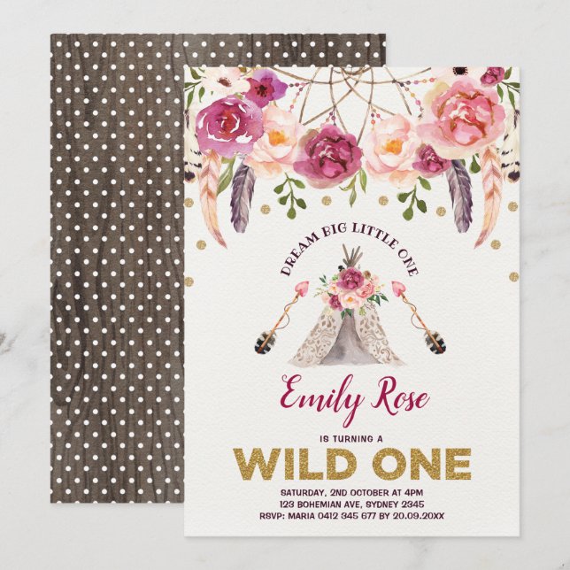 Invitation Fête d'anniversaire florale SAUVAGE de (Devant / Derrière)