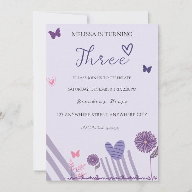 Invitation Fête d'anniversaire florale violette (Devant)