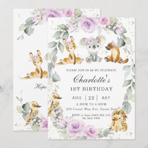 Invitation Fête d'anniversaire florale violette avec des anim