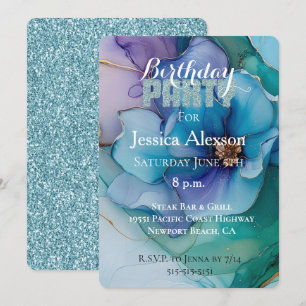 Invitation Fête d'anniversaire florale violette pailletée ble