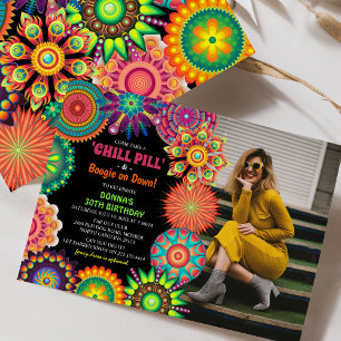 Invitation Fête d'anniversaire Flower Power 70's Photo Coloré