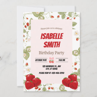 Invitation Fête d'anniversaire fraise rouge et verte