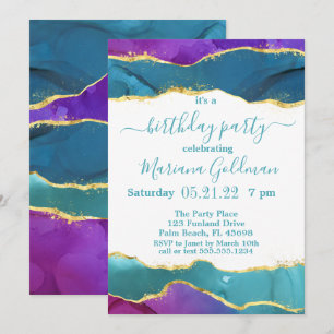 Invitation Fête d'anniversaire Fuchsia Rose Sarcelle Or Encre