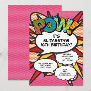 Invitation Fête d'anniversaire fun moderne rose bande dessiné