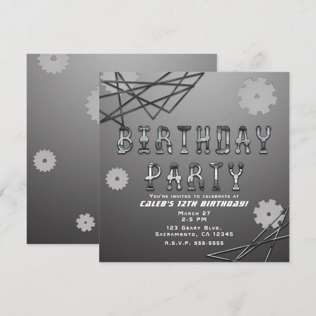 Invitation Fête d'anniversaire Fun Robot Engrenages Futuriste (Devant / Derrière)
