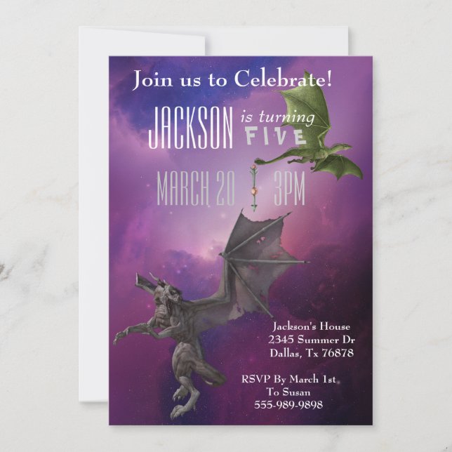 Invitation Fête d'anniversaire Galaxie Espace Magie Dragon Fa (Devant)