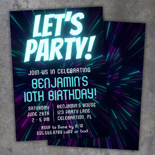 Invitation Fête d'anniversaire garçon bleu néon