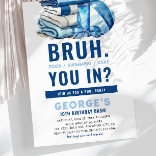 Invitation Fête d'anniversaire garçon BRUH Blue Pool Party