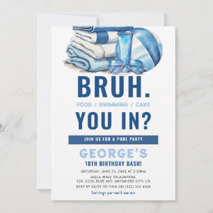 Invitation Fête d'anniversaire garçon BRUH Cool Blue Pool Par