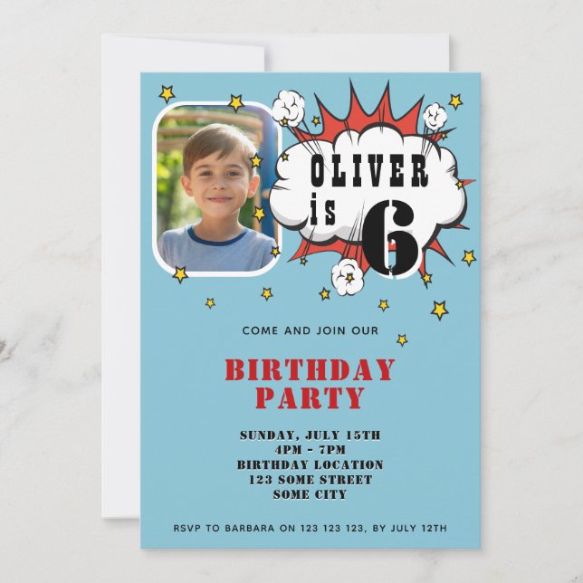 Invitation Fête d'anniversaire garçon bulle de parole bande d (Devant)