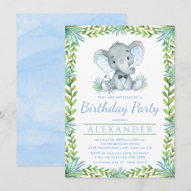 Invitation Fête d'anniversaire garçon éléphant tout numéro (Devant / Derrière)