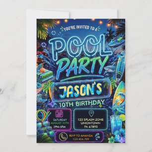 Invitation Fête d'anniversaire garçon Neon Pool Party Glow d'