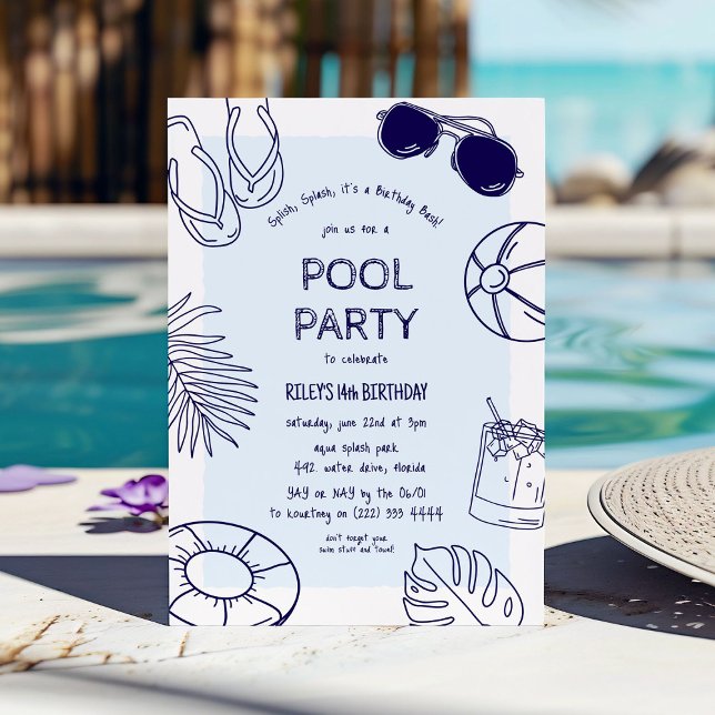Invitation Fête d'anniversaire garçon piscine thème gribouill (Créateur téléchargé)