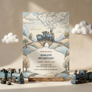 Invitation Fête d'anniversaire garçon train bleu aquarelle