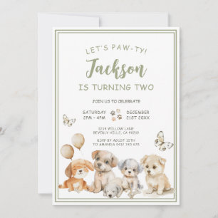 Invitation Fête d'anniversaire garçon vert sauge chien mignon